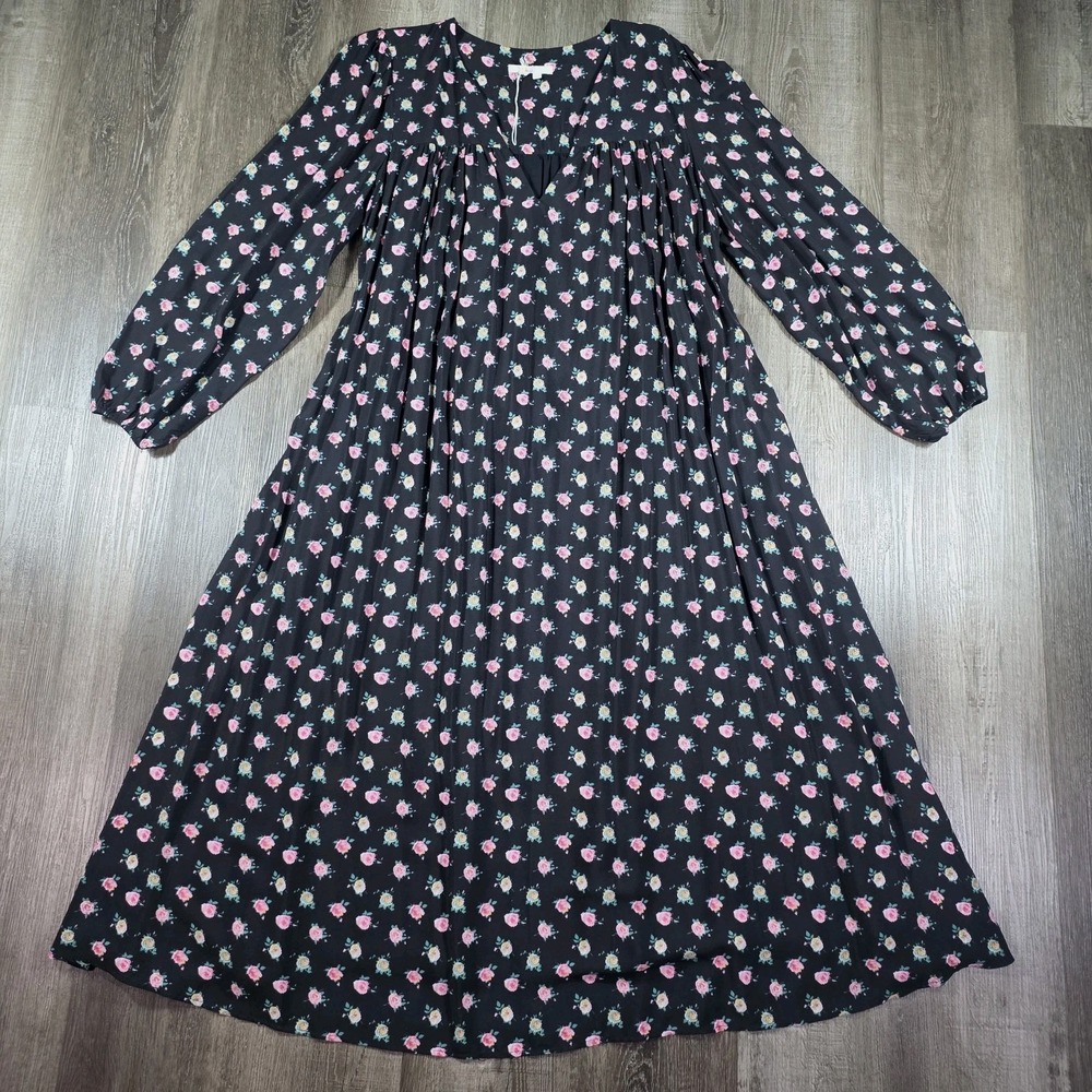 BODEN Gathered Yoke Black Floral Midi Dress Long Balloon Sleeve Size 14R Cottage
